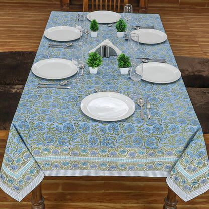 Rectangle Blue Green Hand Block Printed Floral Dinning Table Cover, Tablecloth - My Store