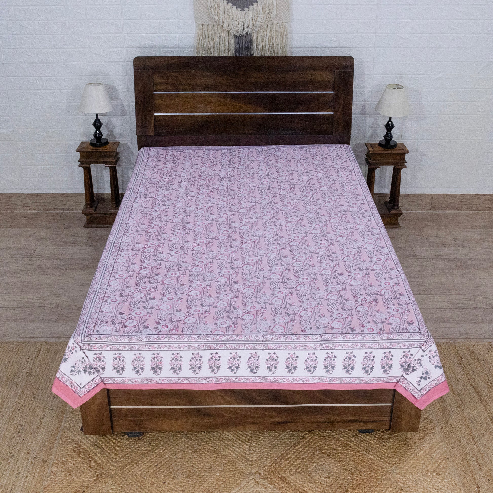 Cotton Bedsheet – Hand Block Floral Print – Pink and White – King, Queen, Twin Sizes - My Store