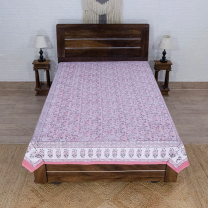 Cotton Bedsheet – Hand Block Floral Print – Pink and White – King, Queen, Twin Sizes - My Store