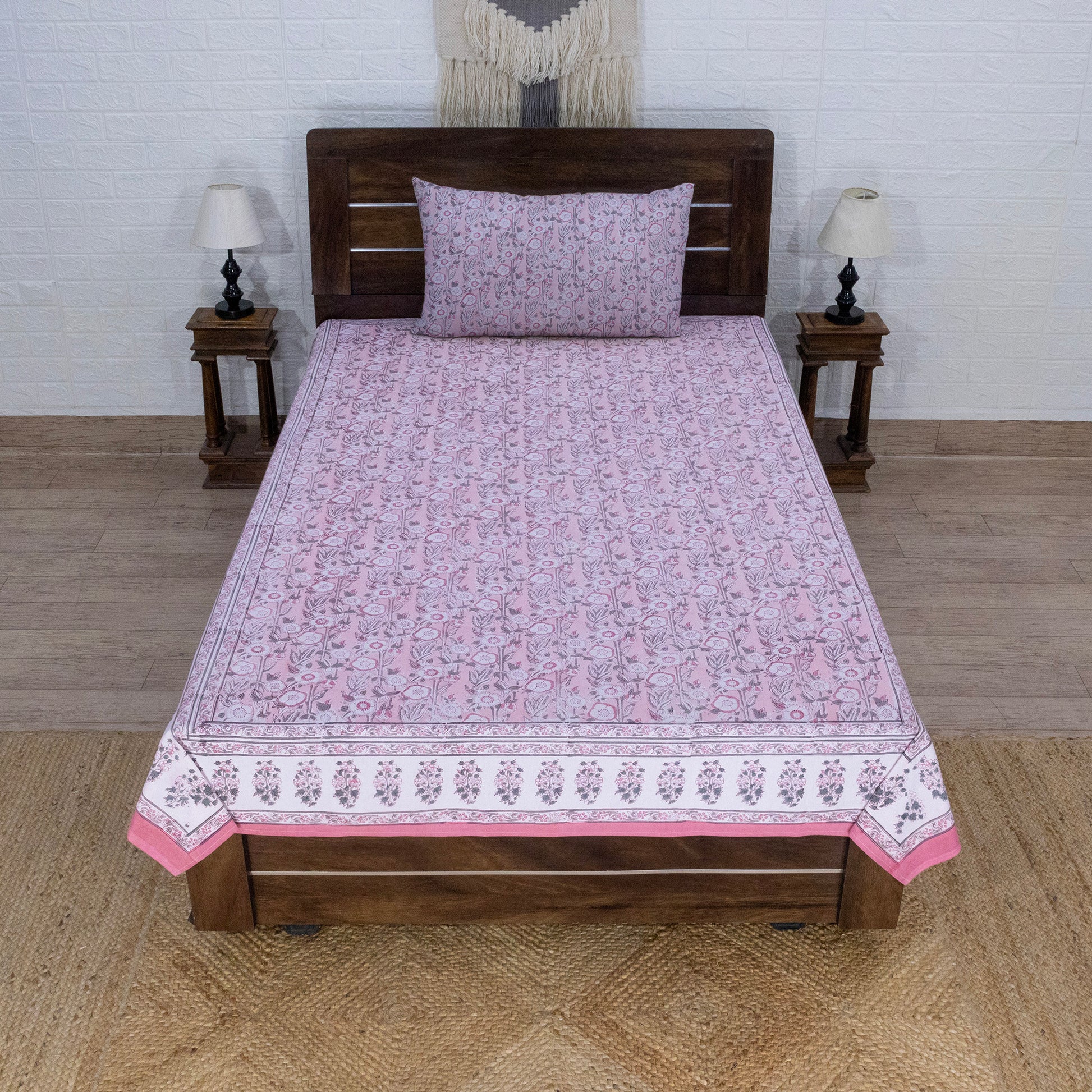 Cotton Bedsheet – Hand Block Floral Print – Pink and White – King, Queen, Twin Sizes - My Store