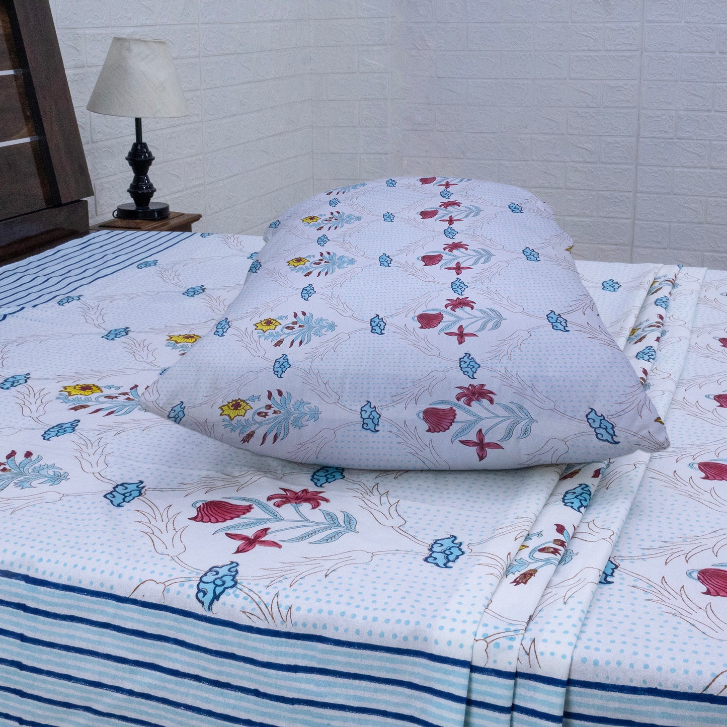Cotton Bedsheet – Hand Block Floral Print – White and Blue – King, Queen, Twin Sizes - My Store