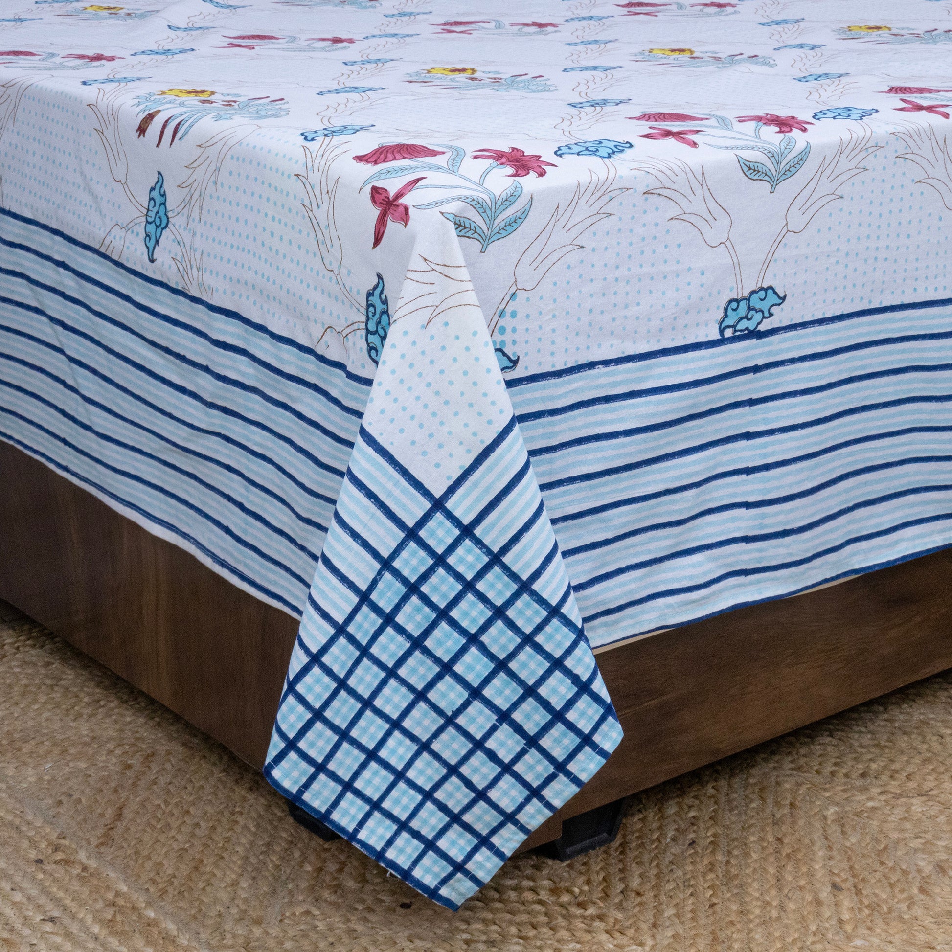 Cotton Bedsheet – Hand Block Floral Print – White and Blue – King, Queen, Twin Sizes - My Store