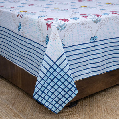 Cotton Bedsheet – Hand Block Floral Print – White and Blue – King, Queen, Twin Sizes - My Store