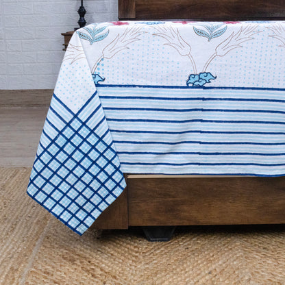 Cotton Bedsheet – Hand Block Floral Print – White and Blue – King, Queen, Twin Sizes - My Store