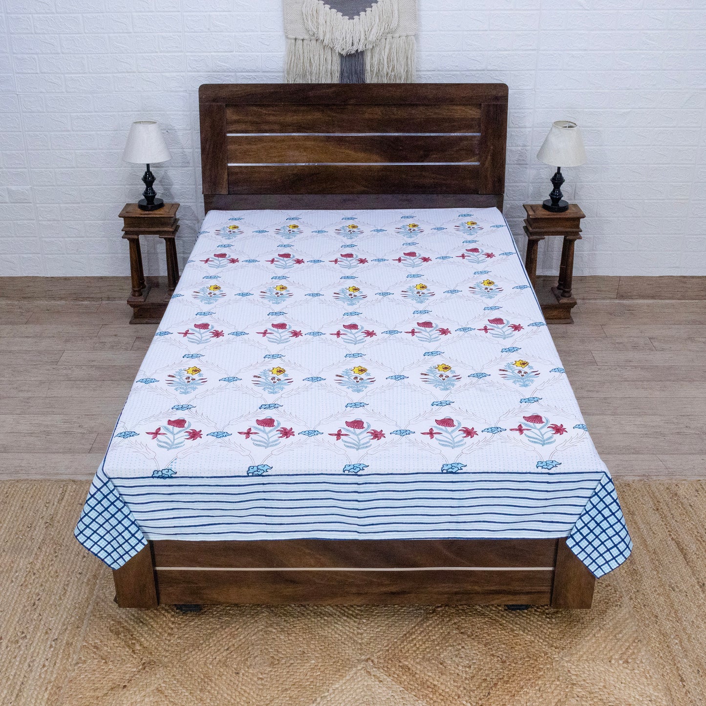 Cotton Bedsheet – Hand Block Floral Print – White and Blue – King, Queen, Twin Sizes - My Store