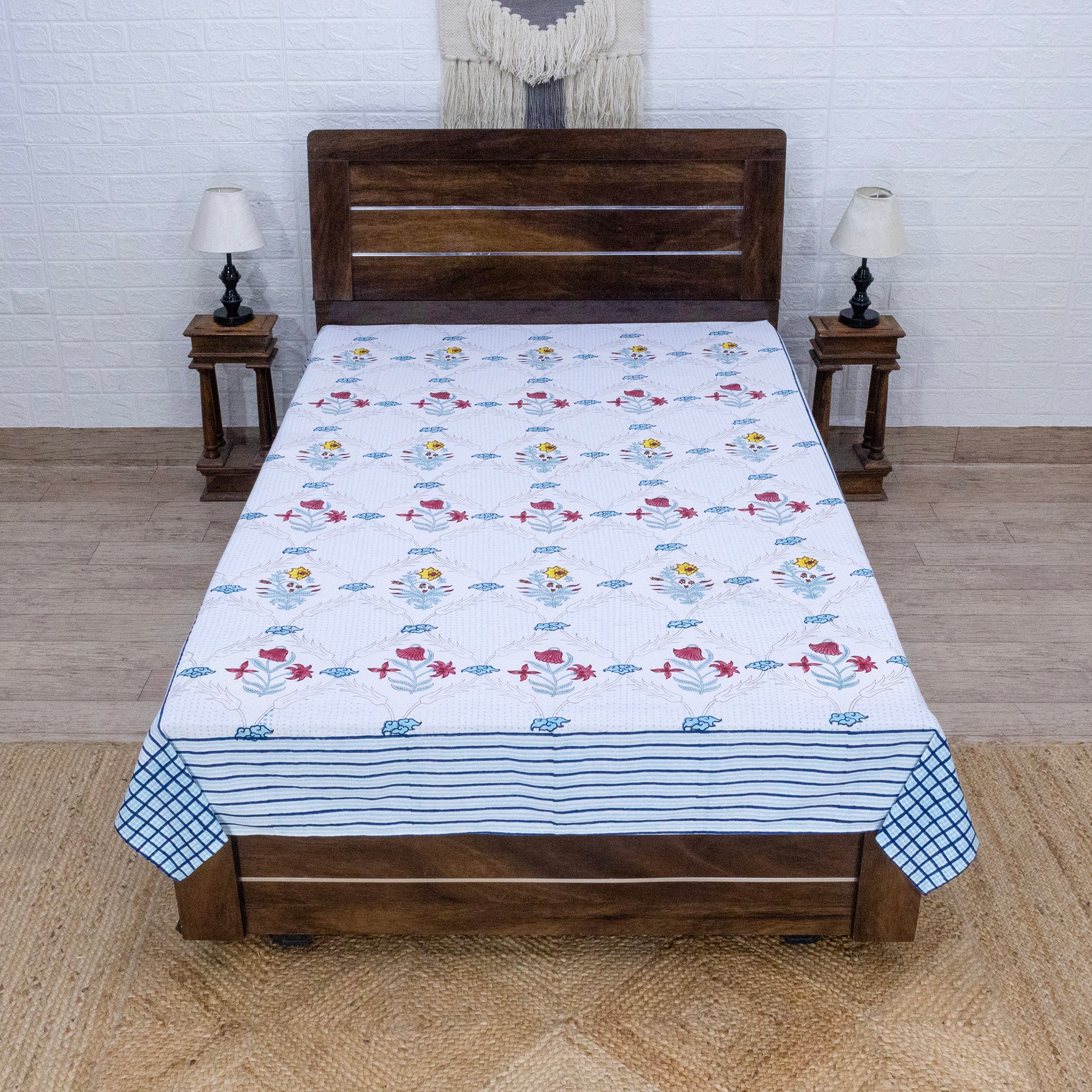 Cotton Bedsheet – Hand Block Floral Print – White and Blue – King, Queen, Twin Sizes - My Store