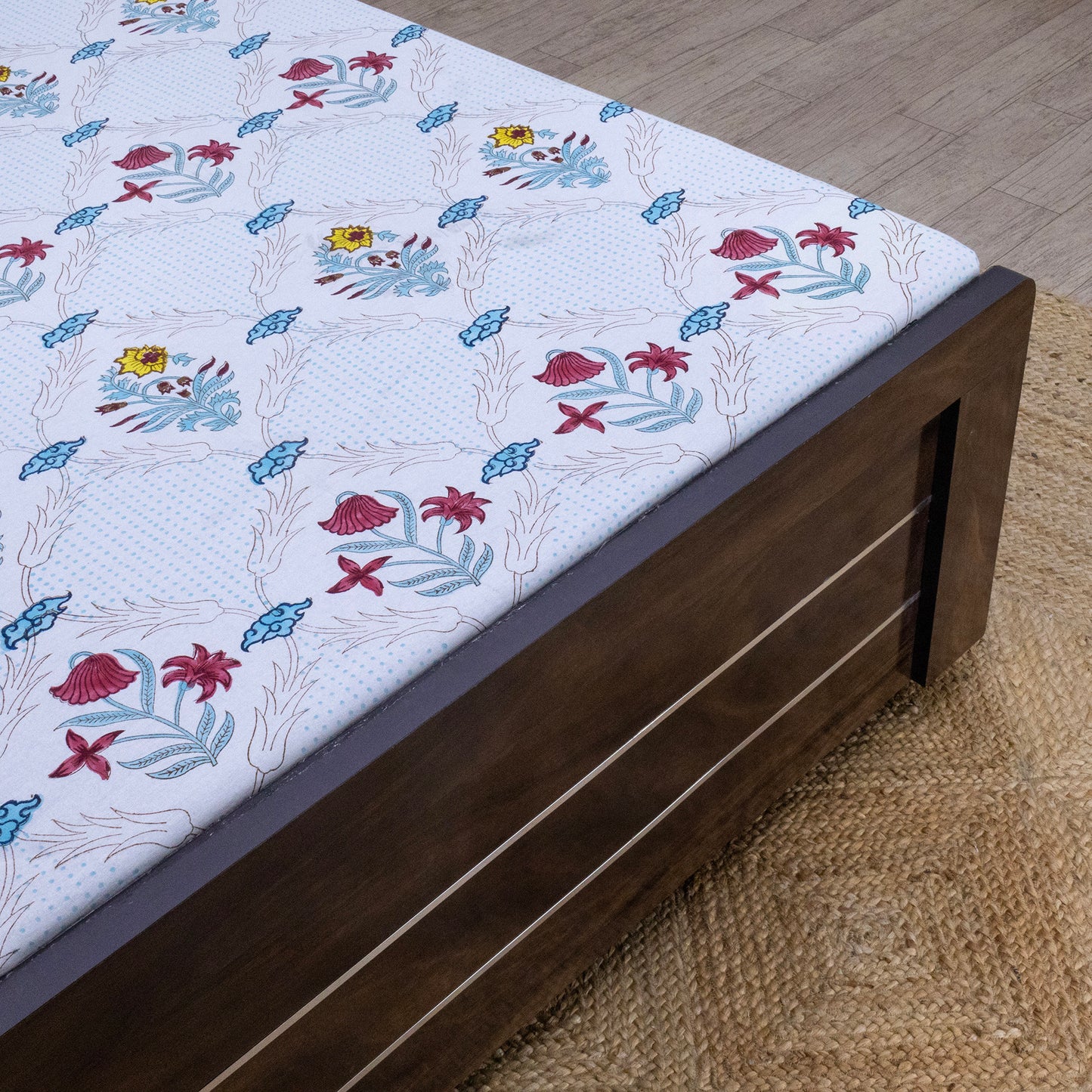 Cotton Bedsheet – Hand Block Floral Print – White and Blue – King, Queen, Twin Sizes - My Store