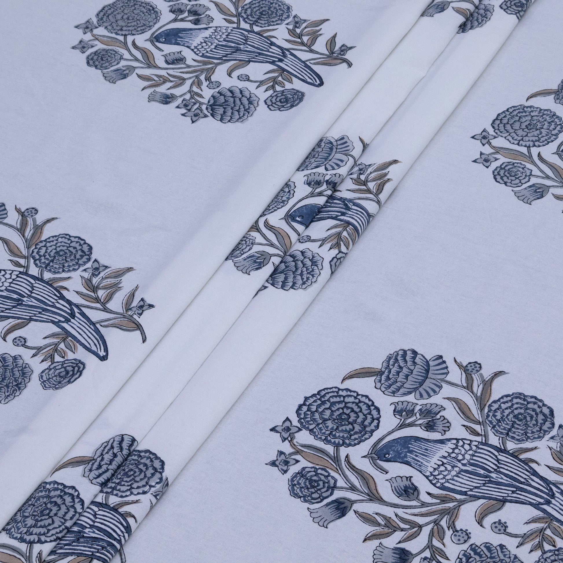 Cotton Bedsheet – Hand Block Floral Print – White and Beige – King, Queen, Twin Sizes - My Store