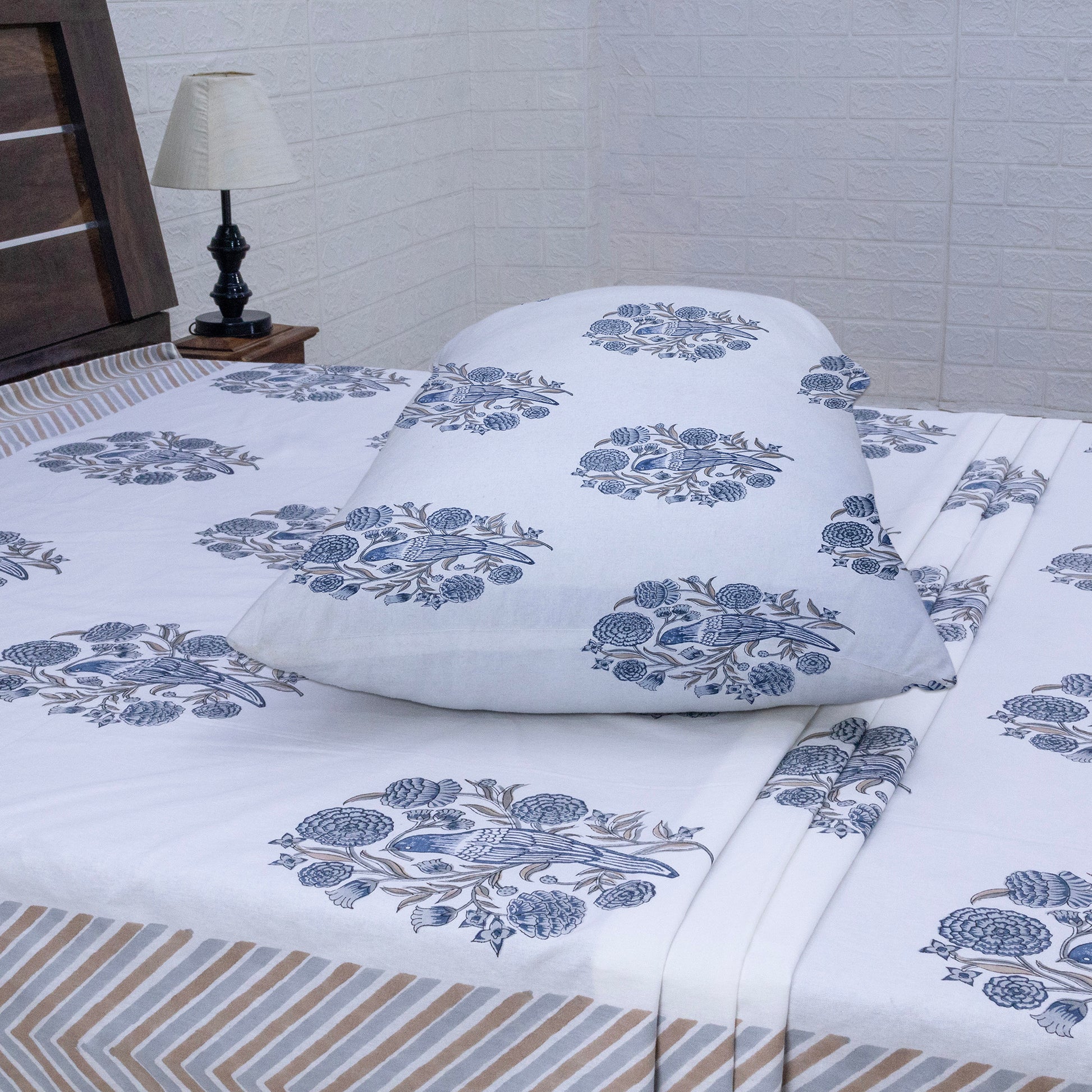 Cotton Bedsheet – Hand Block Floral Print – White and Beige – King, Queen, Twin Sizes - My Store