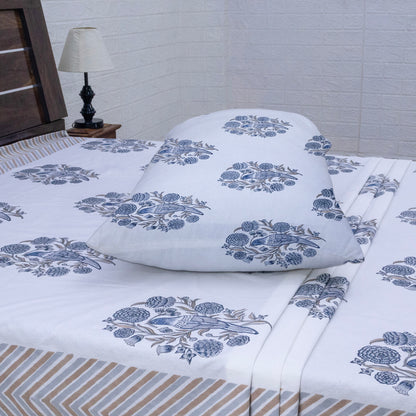 Cotton Bedsheet – Hand Block Floral Print – White and Beige – King, Queen, Twin Sizes - My Store