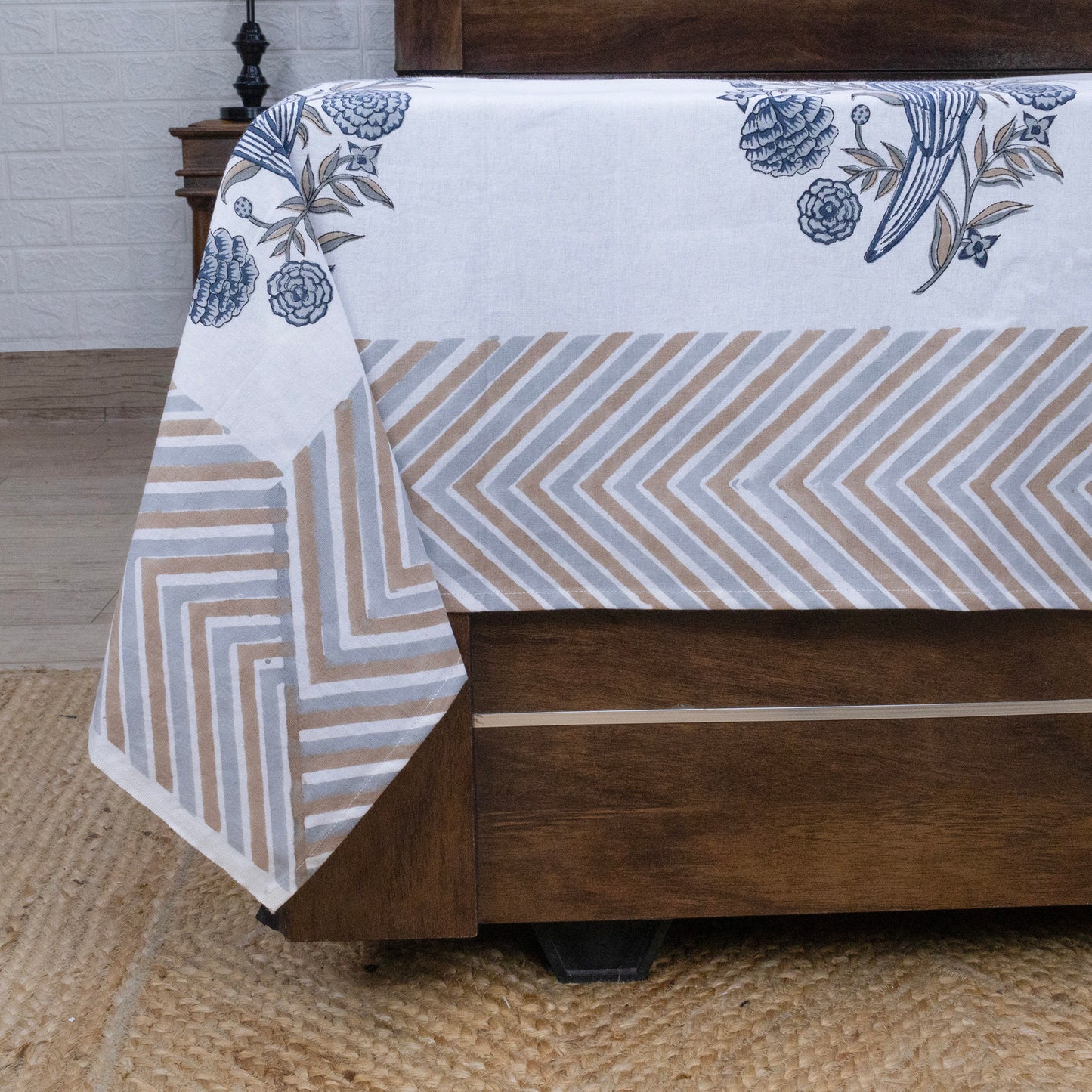 Cotton Bedsheet – Hand Block Floral Print – White and Beige – King, Queen, Twin Sizes - My Store