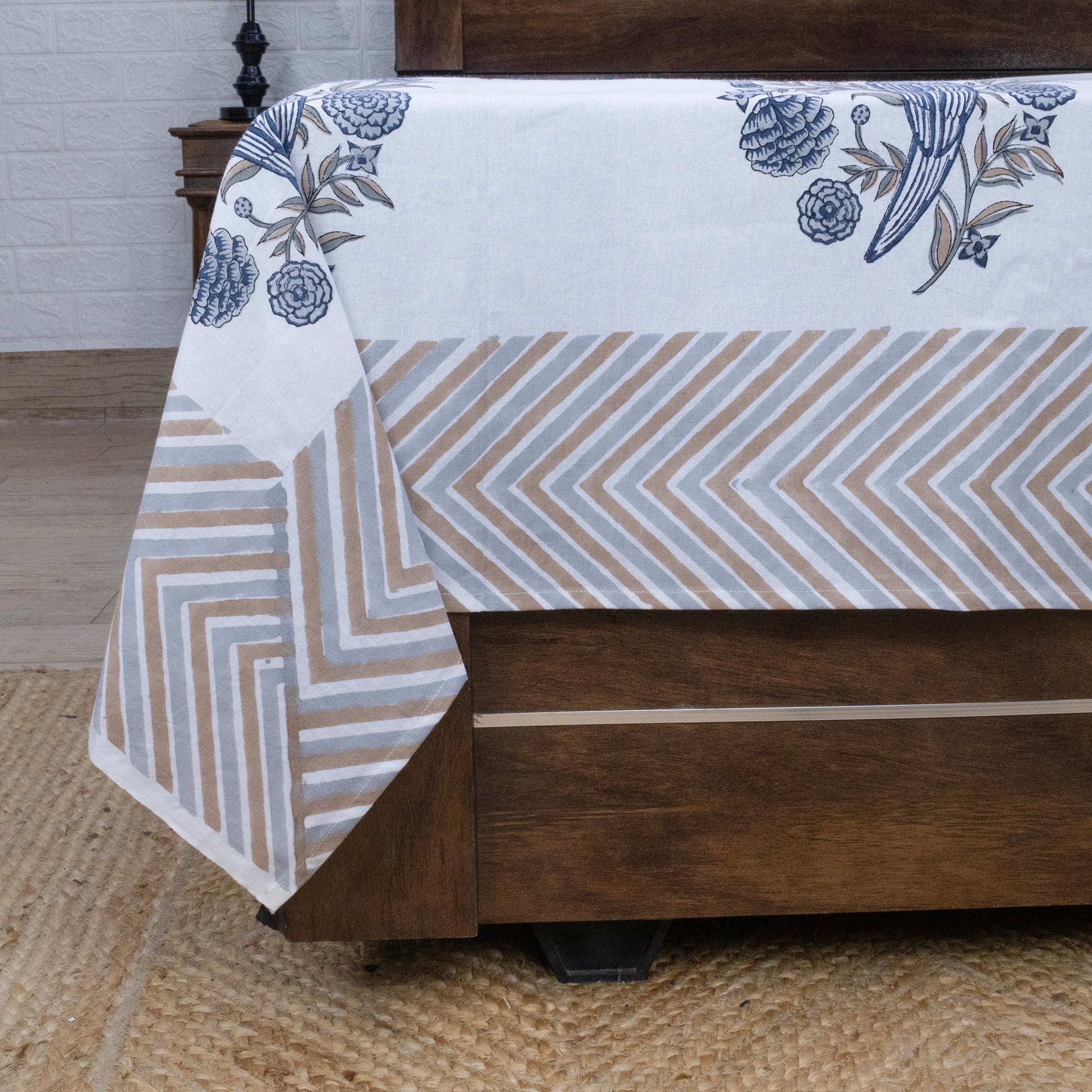 Cotton Bedsheet – Hand Block Floral Print – White and Beige – King, Queen, Twin Sizes - My Store