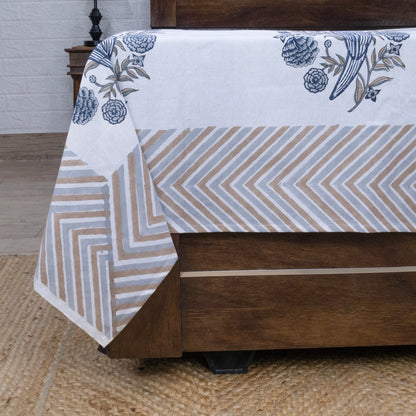 Cotton Bedsheet – Hand Block Floral Print – White and Beige – King, Queen, Twin Sizes - My Store