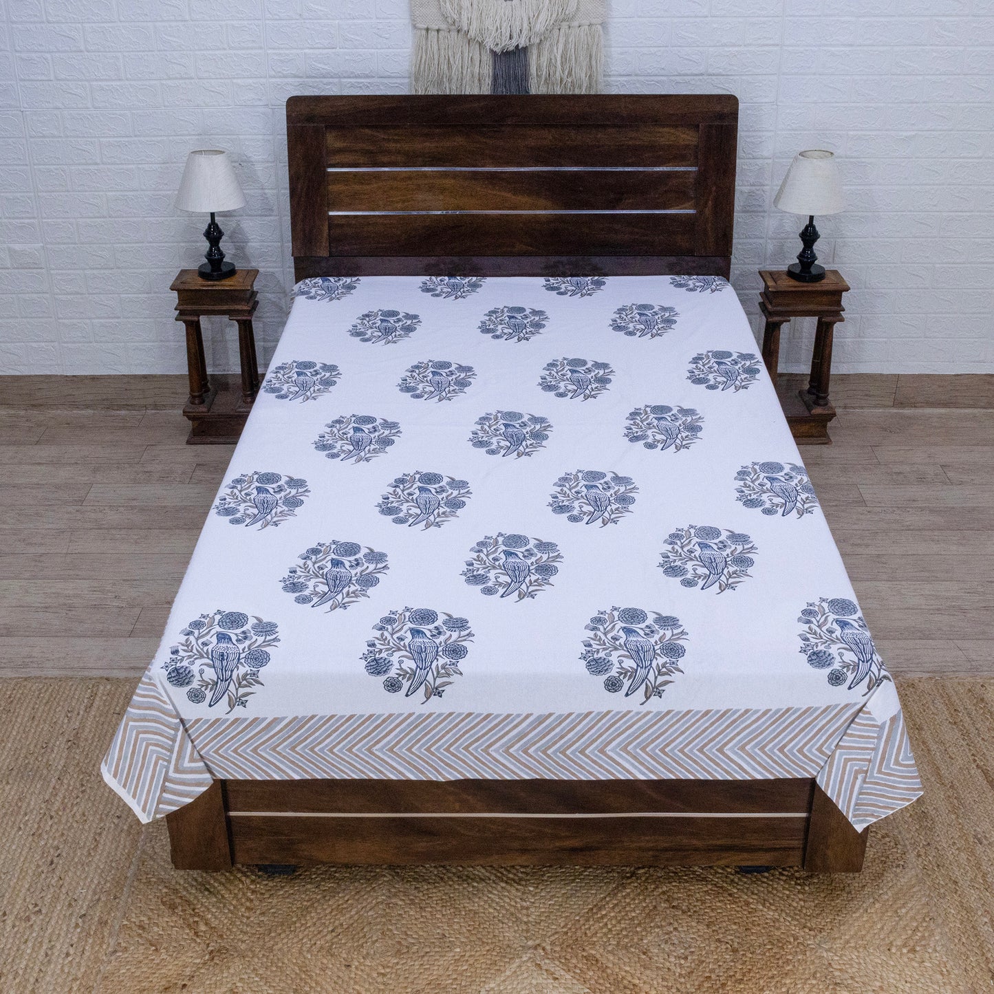 Cotton Bedsheet – Hand Block Floral Print – White and Beige – King, Queen, Twin Sizes - My Store