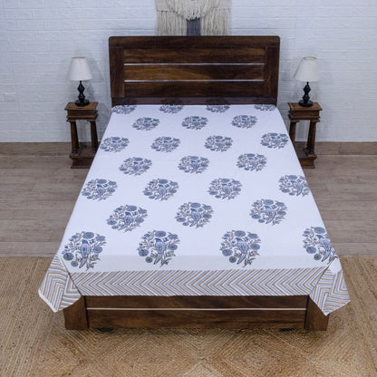 Cotton Bedsheet – Hand Block Floral Print – White and Beige – King, Queen, Twin Sizes - My Store