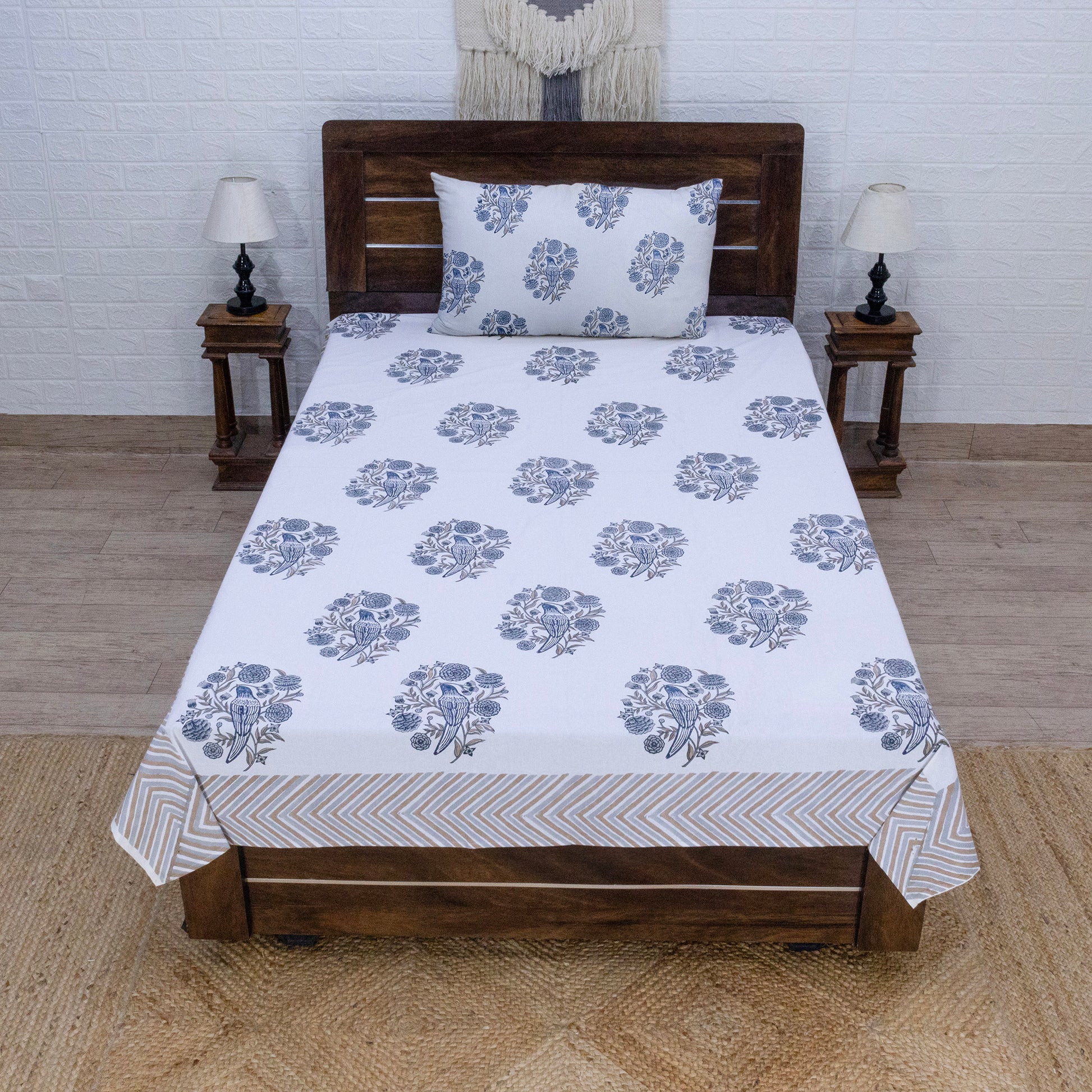 Cotton Bedsheet – Hand Block Floral Print – White and Beige – King, Queen, Twin Sizes - My Store