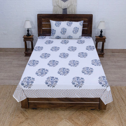 Cotton Bedsheet – Hand Block Floral Print – White and Beige – King, Queen, Twin Sizes - My Store