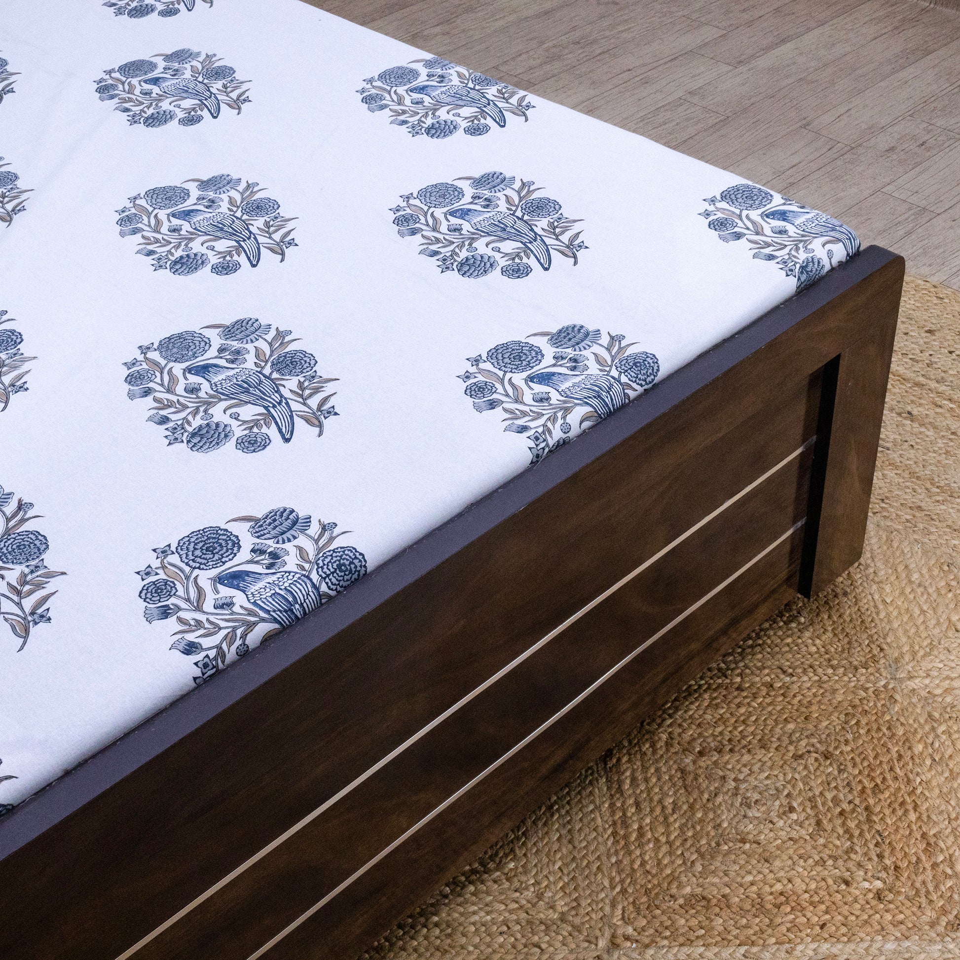 Cotton Bedsheet – Hand Block Floral Print – White and Beige – King, Queen, Twin Sizes - My Store