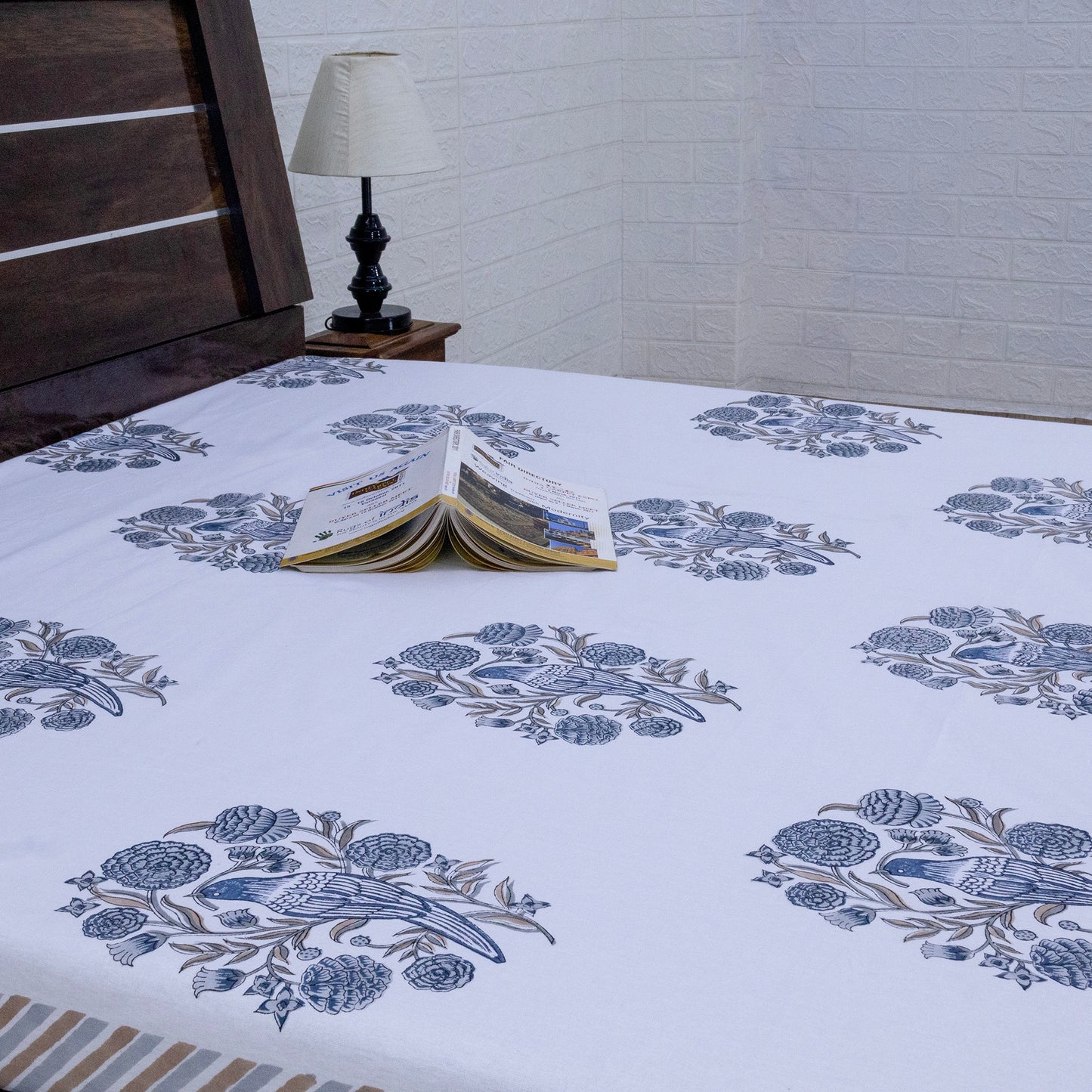 Cotton Bedsheet – Hand Block Floral Print – White and Beige – King, Queen, Twin Sizes - My Store