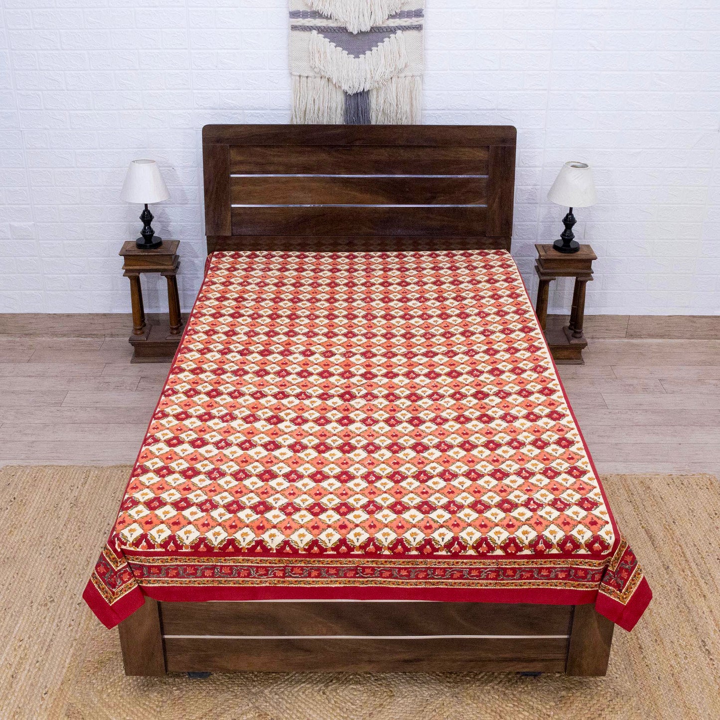 Indian Handmade Block Printed Yellow and Red Floral Pattern Cotton Bed sheet For living Room, Kids Room - My Store