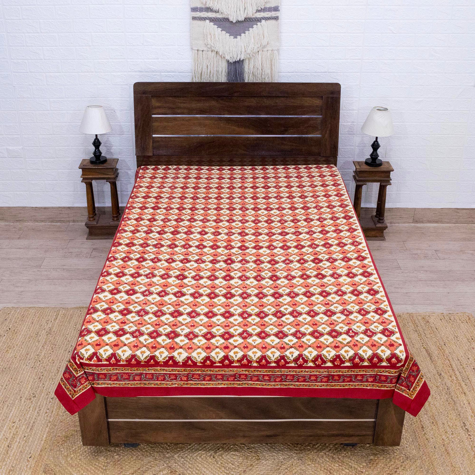 Indian Handmade Block Printed Yellow and Red Floral Pattern Cotton Bed sheet For living Room, Kids Room - My Store
