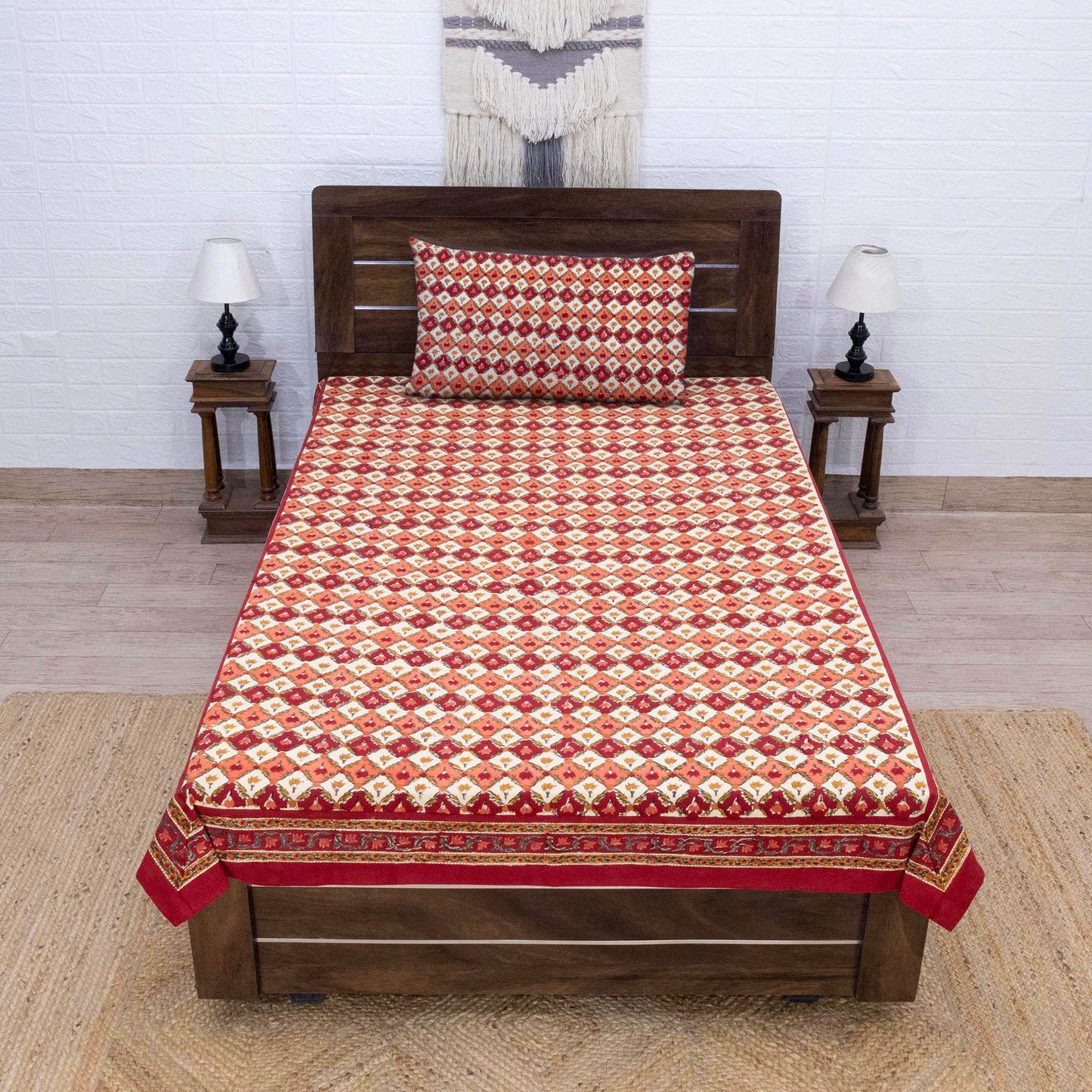 Indian Handmade Block Printed Yellow and Red Floral Pattern Cotton Bed sheet For living Room, Kids Room - My Store