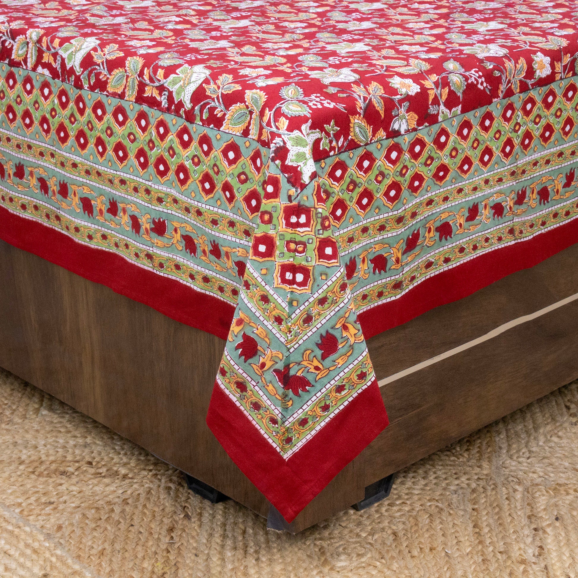 Indian Handmade Block Printed Red and Green Floral Pattern Cotton Bed sheet For living Room, Kids Room - My Store