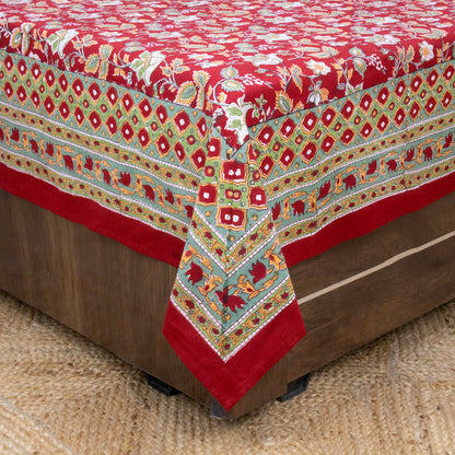 Indian Handmade Block Printed Red and Green Floral Pattern Cotton Bed sheet For living Room, Kids Room - My Store
