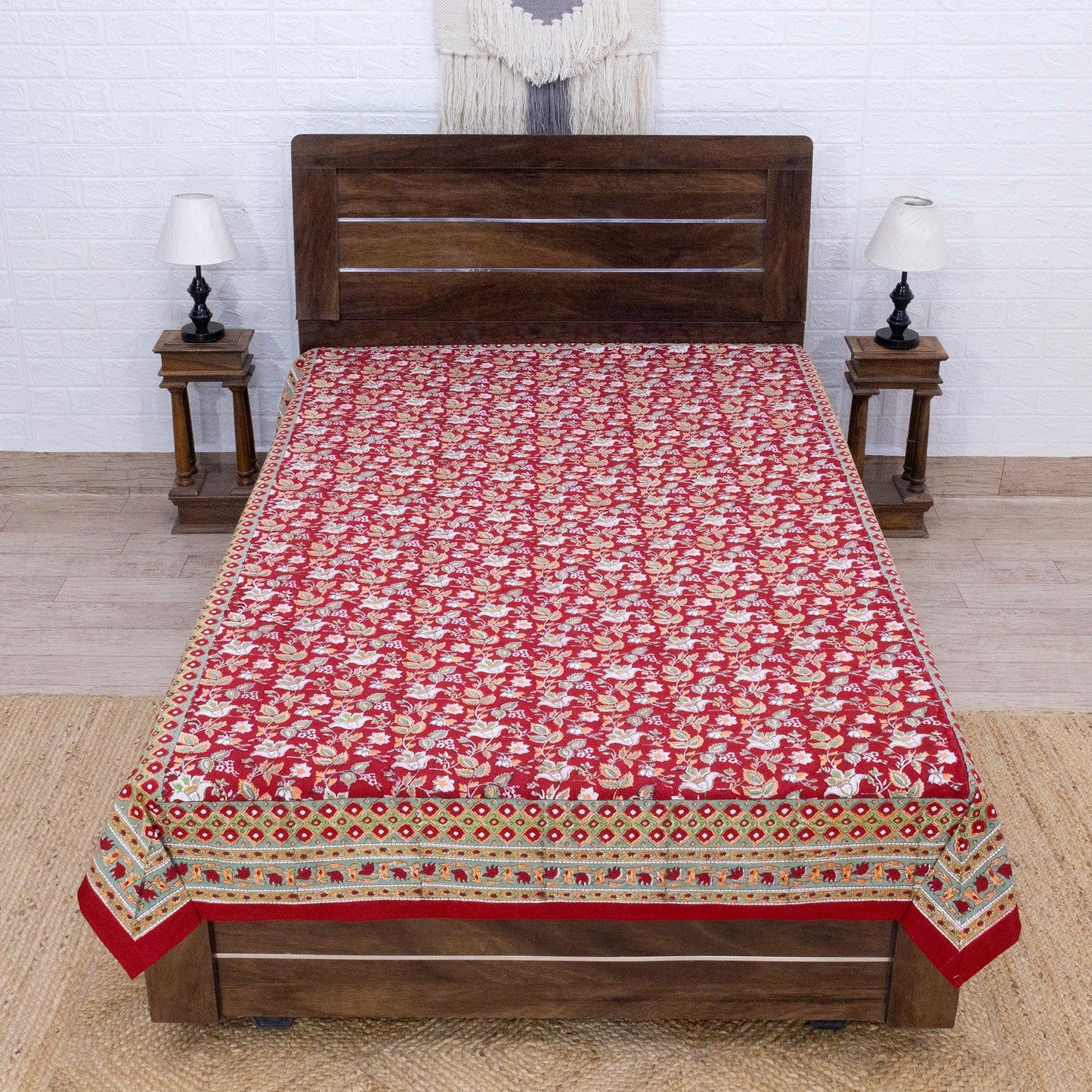 Indian Handmade Block Printed Red and Green Floral Pattern Cotton Bed sheet For living Room, Kids Room - My Store