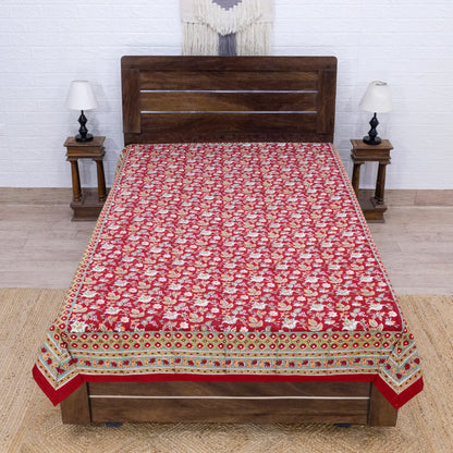 Indian Handmade Block Printed Red and Green Floral Pattern Cotton Bed sheet For living Room, Kids Room - My Store
