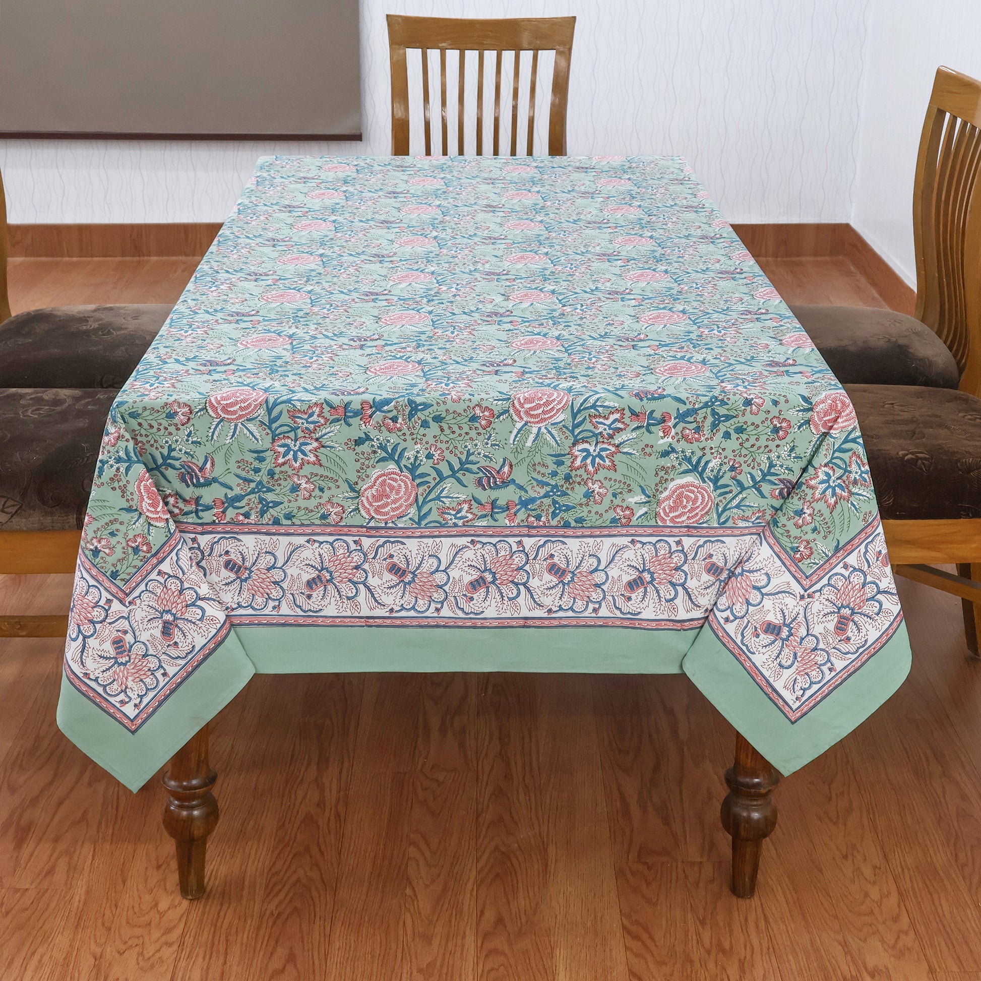Green And Pink Block Print Handmade Cotton Premium Quality Tablecloth - My Store