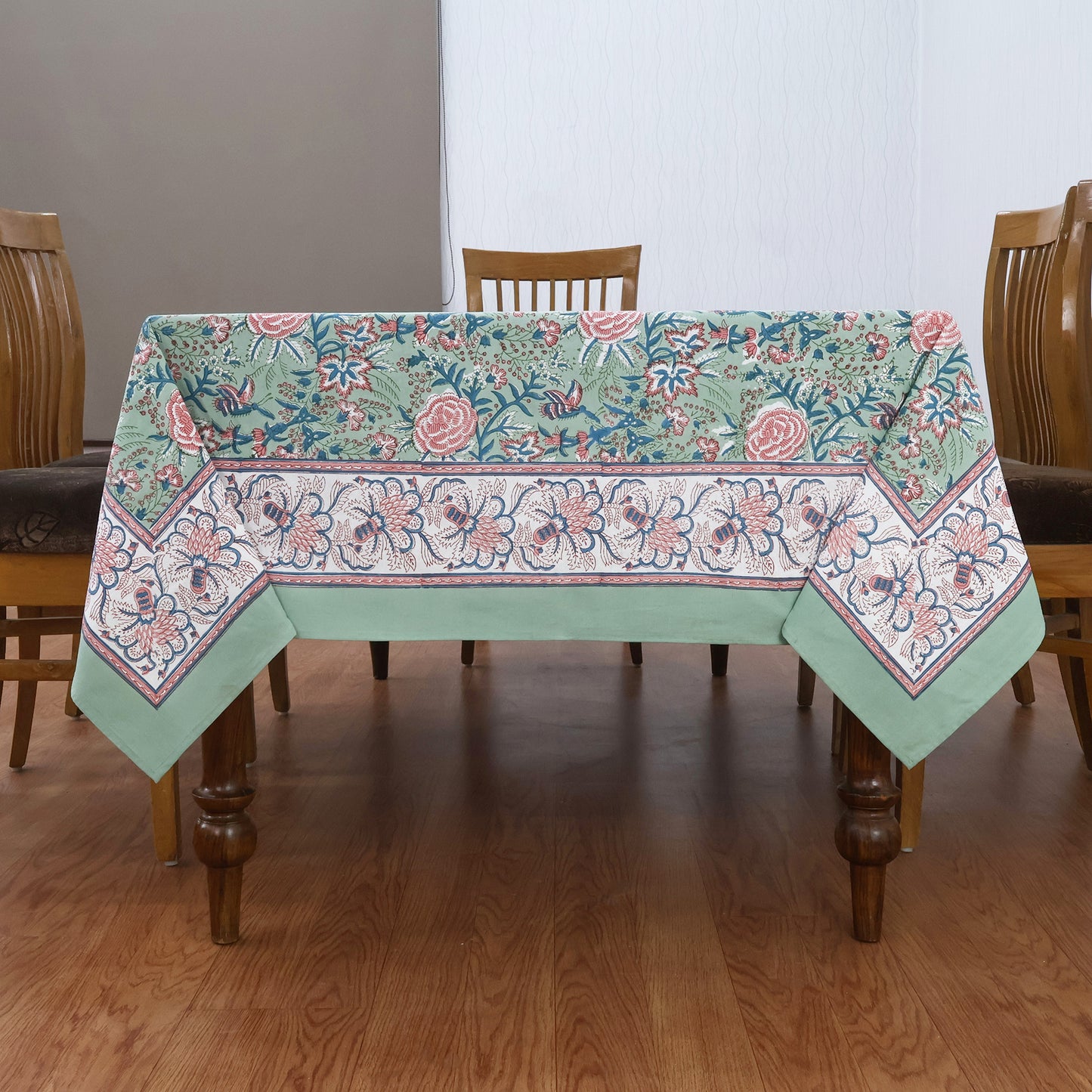 Green And Pink Block Print Handmade Cotton Premium Quality Tablecloth - My Store