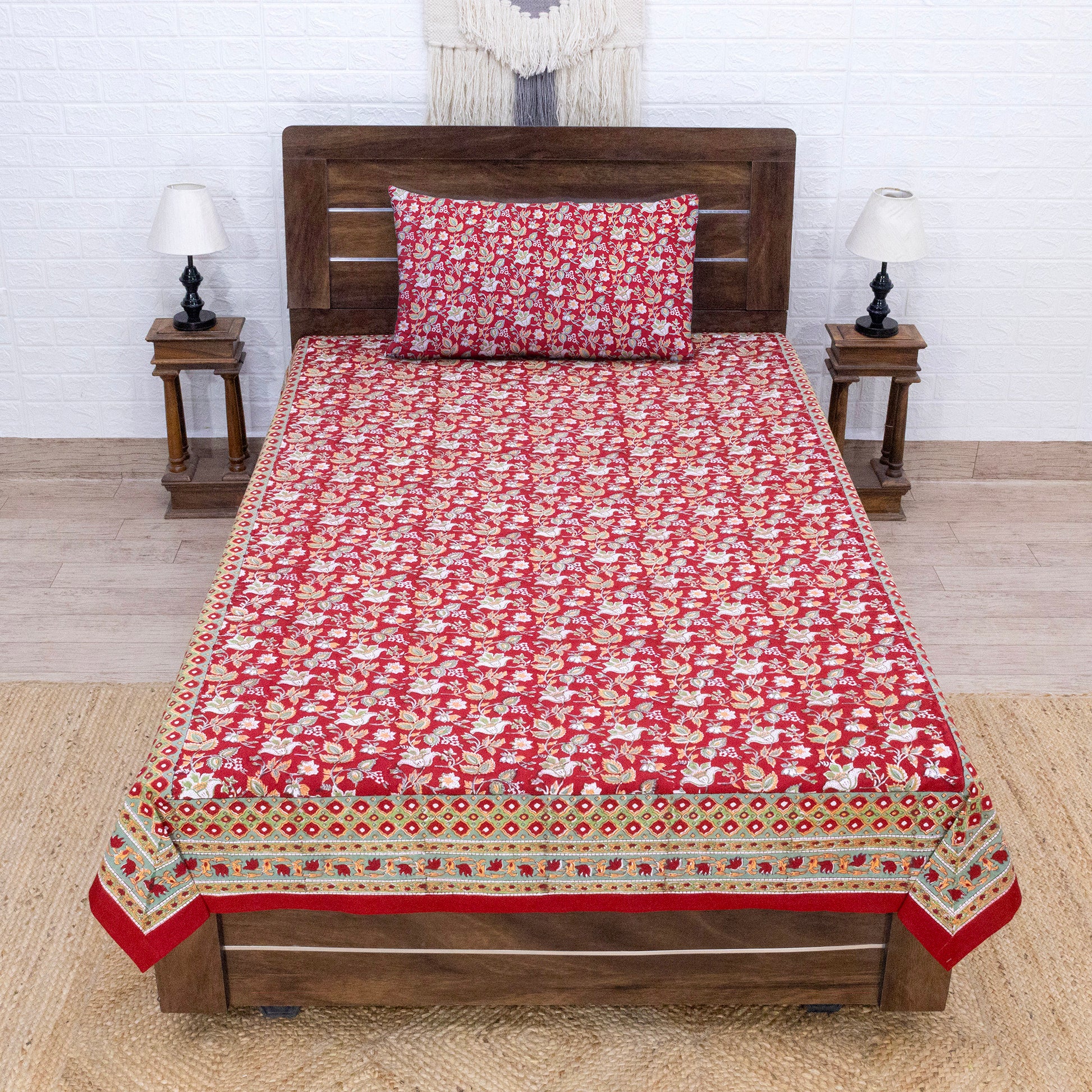 Indian Handmade Block Printed Red and Green Floral Pattern Cotton Bed sheet For living Room, Kids Room - My Store