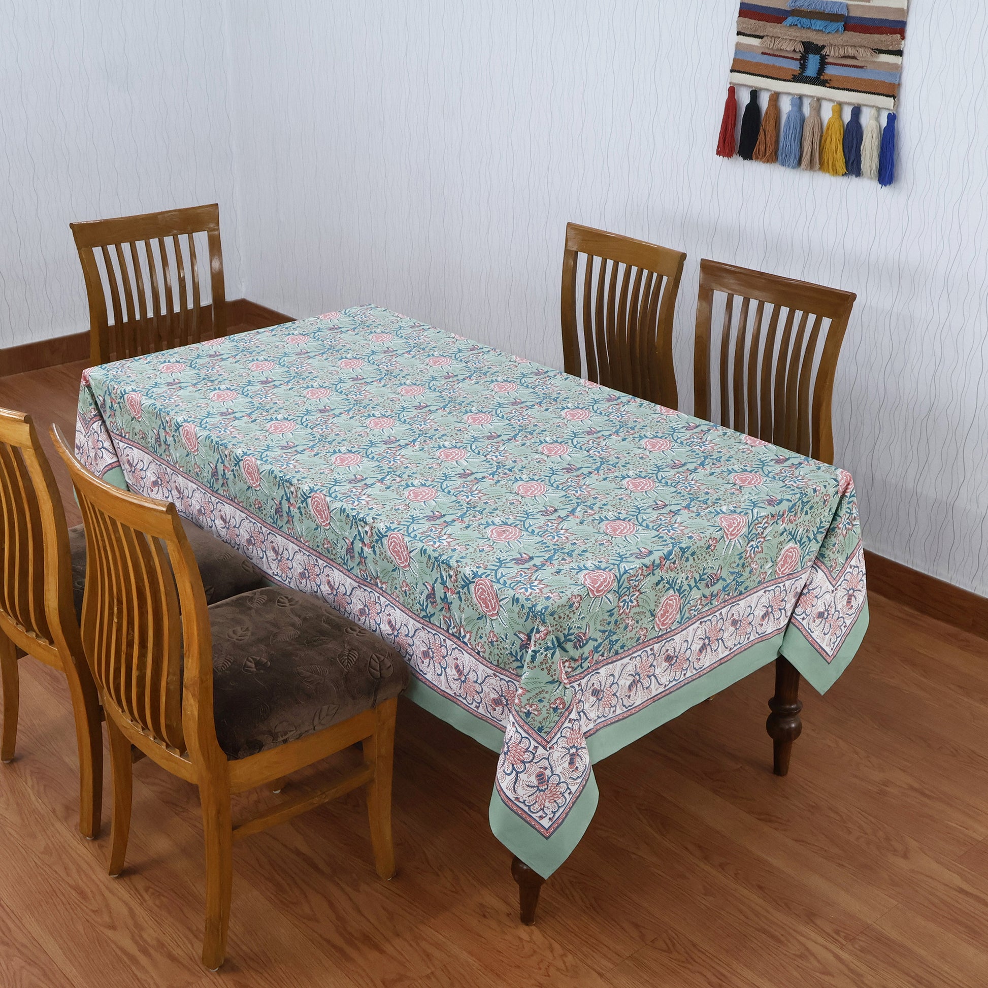 Green And Pink Block Print Handmade Cotton Premium Quality Tablecloth - My Store