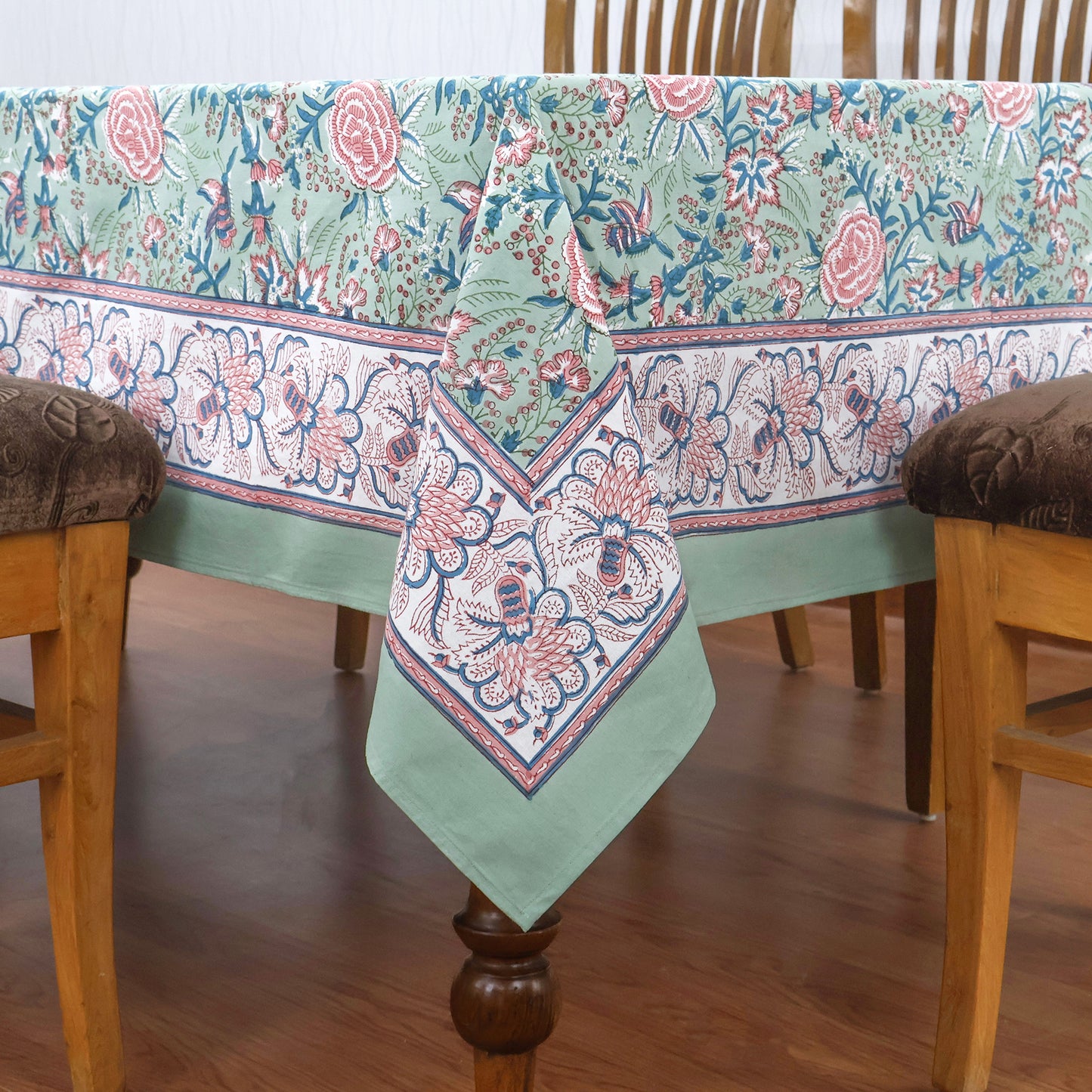 Green And Pink Block Print Handmade Cotton Premium Quality Tablecloth - My Store