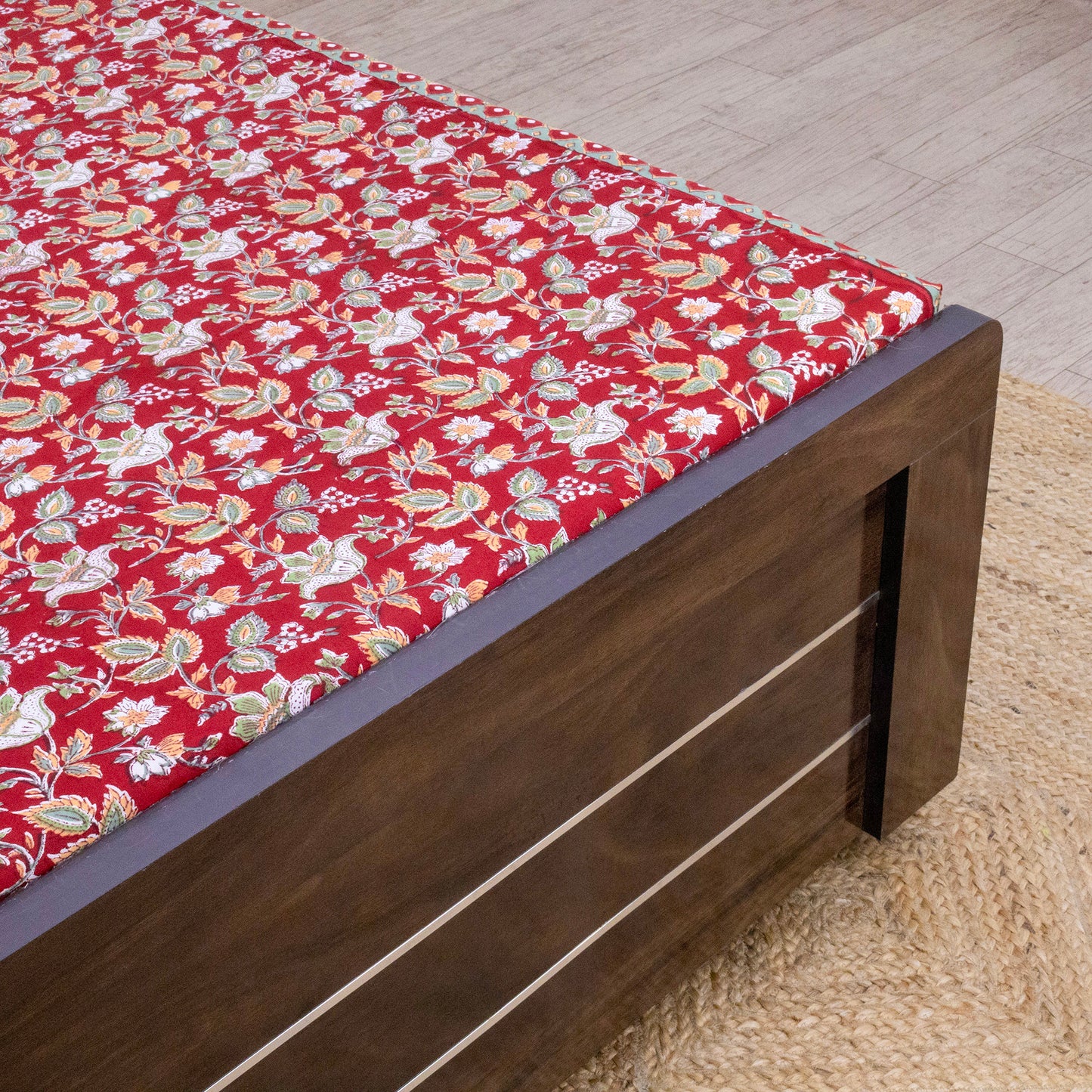 Indian Handmade Block Printed Red and Green Floral Pattern Cotton Bed sheet For living Room, Kids Room - My Store