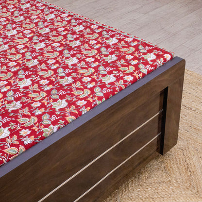 Indian Handmade Block Printed Red and Green Floral Pattern Cotton Bed sheet For living Room, Kids Room - My Store