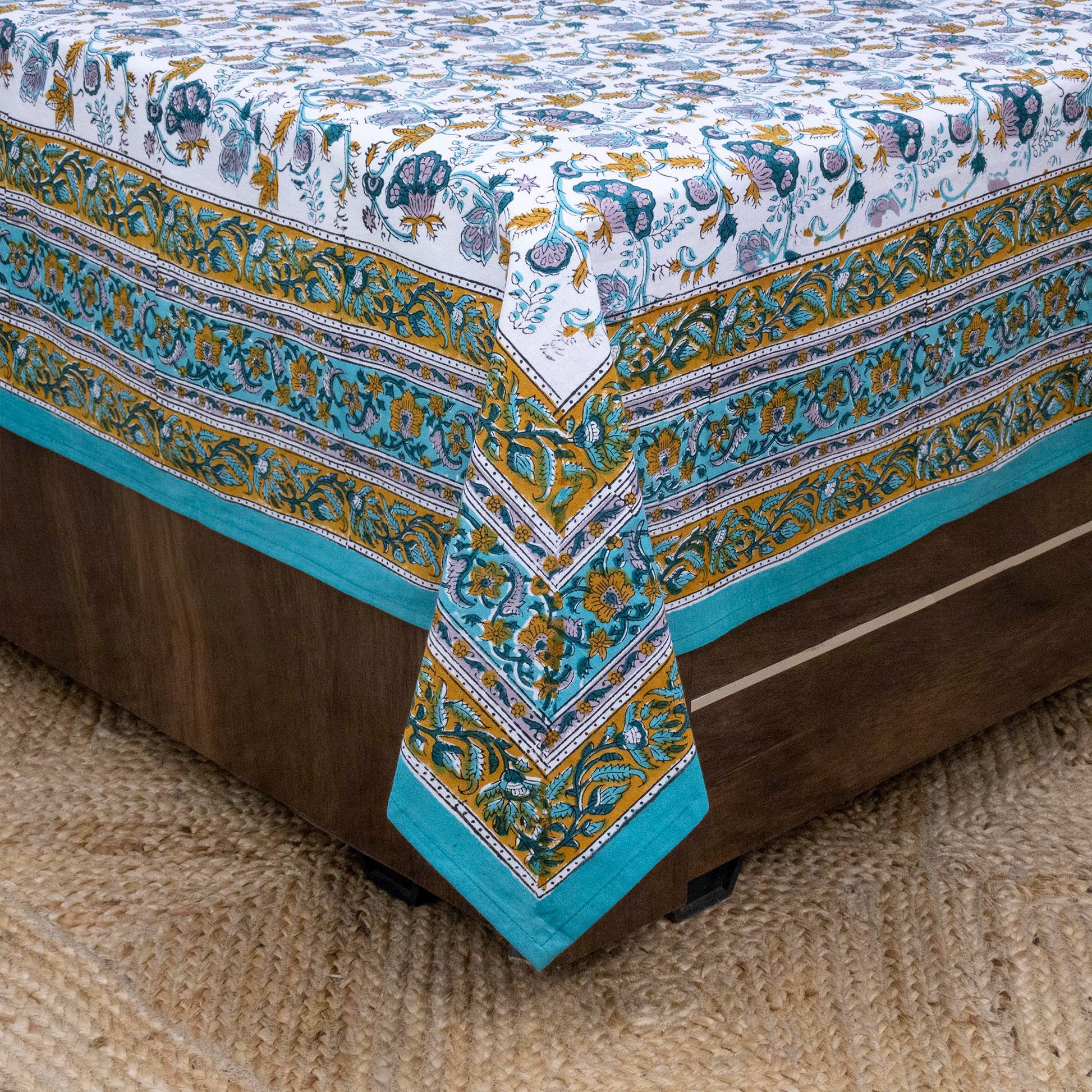 Indian Handmade Block Printed Blue and Yellow Floral Pattern Cotton Bed sheet For living Room, Kids Room - My Store