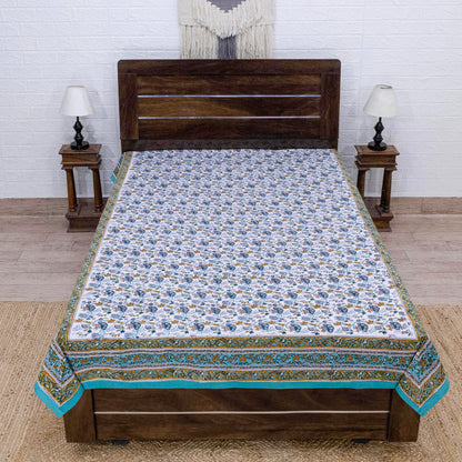 Indian Handmade Block Printed Blue and Yellow Floral Pattern Cotton Bed sheet For living Room, Kids Room - My Store