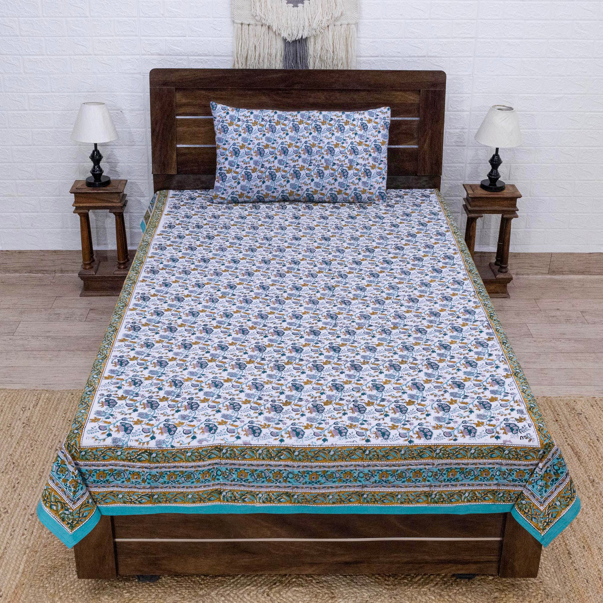 Indian Handmade Block Printed Blue and Yellow Floral Pattern Cotton Bed sheet For living Room, Kids Room - My Store
