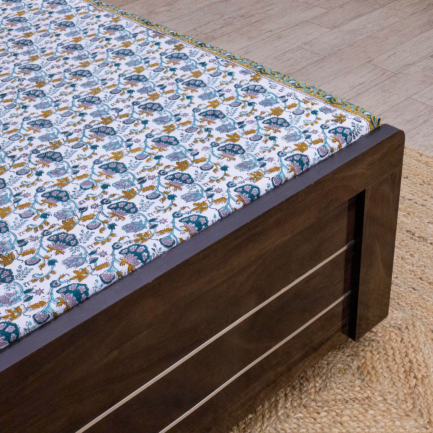 Indian Handmade Block Printed Blue and Yellow Floral Pattern Cotton Bed sheet For living Room, Kids Room - My Store