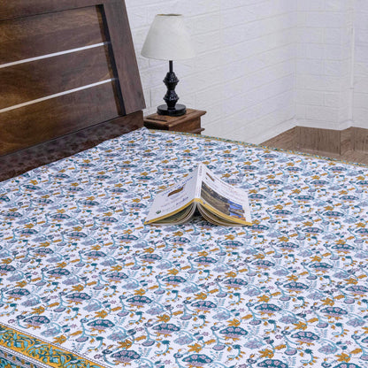 Indian Handmade Block Printed Blue and Yellow Floral Pattern Cotton Bed sheet For living Room, Kids Room - My Store