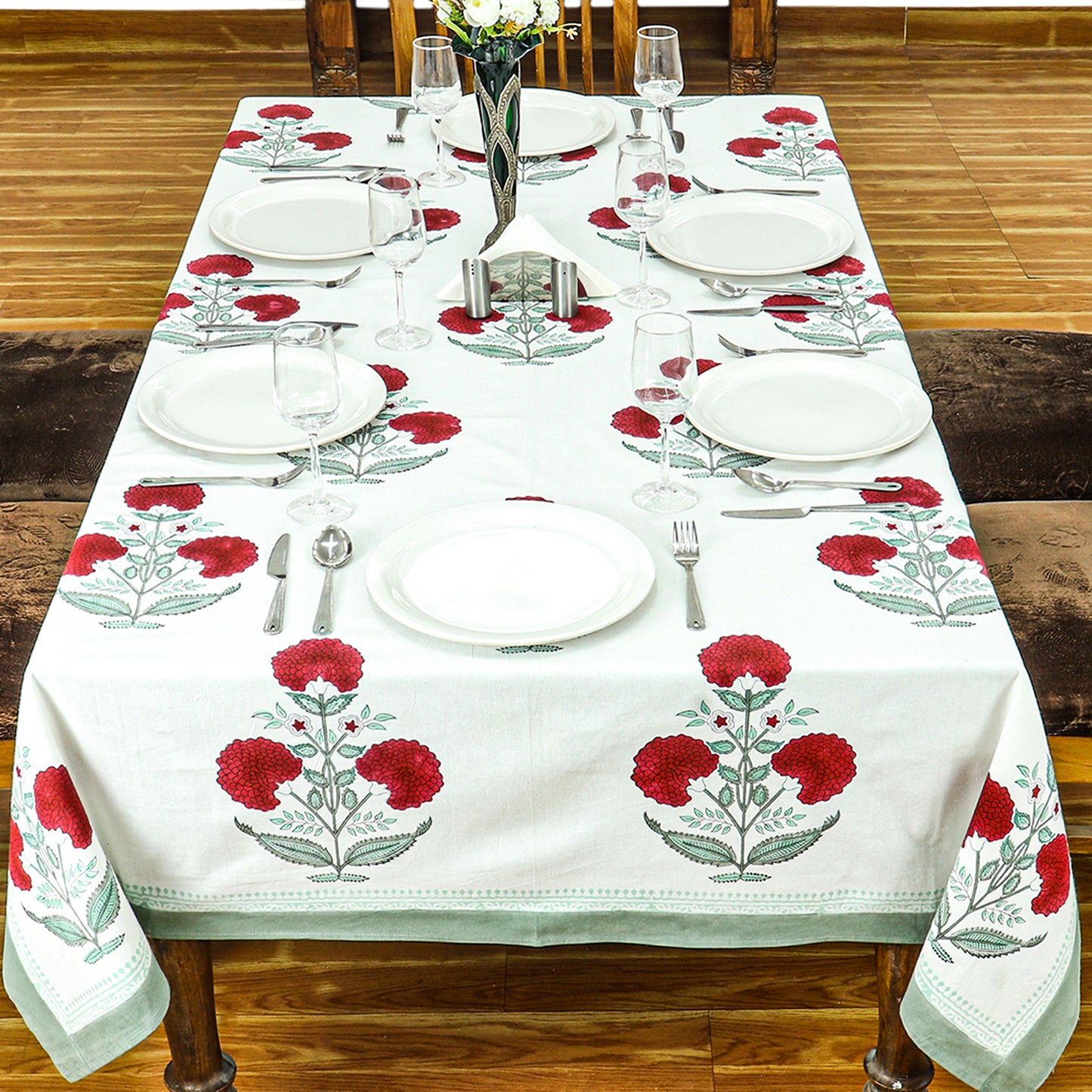 Indian Red Flower Block Print tablecloth Cotton Table Cover - My Store