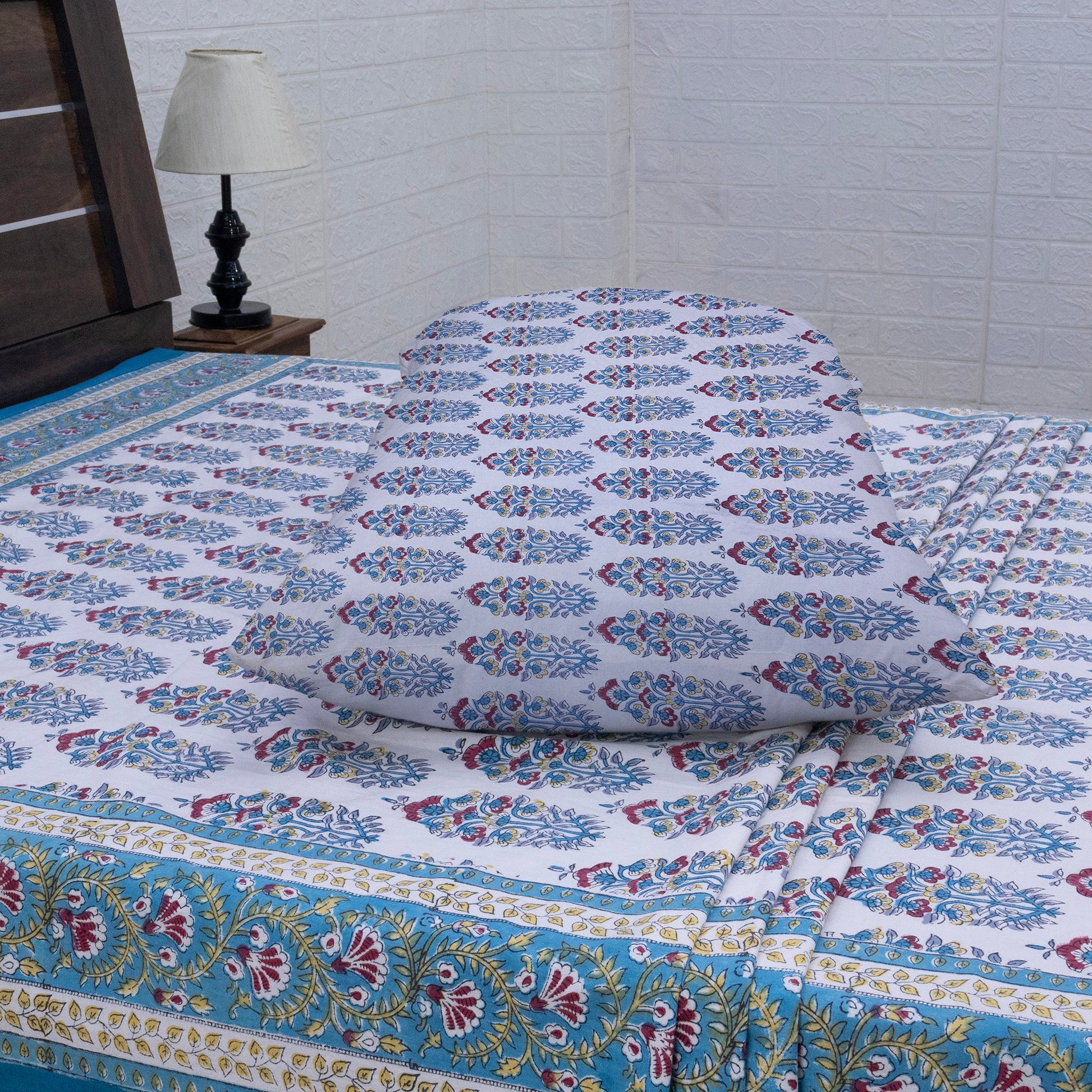 Indian Handmade Block Printed Blue and White Floral Pattern Cotton Bed sheet For living Room, Kids Room - My Store
