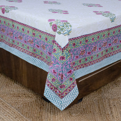 Indian Handmade Block Printed White and Pink Floral Pattern Cotton Bed sheet For living Room, Kids Room - My Store