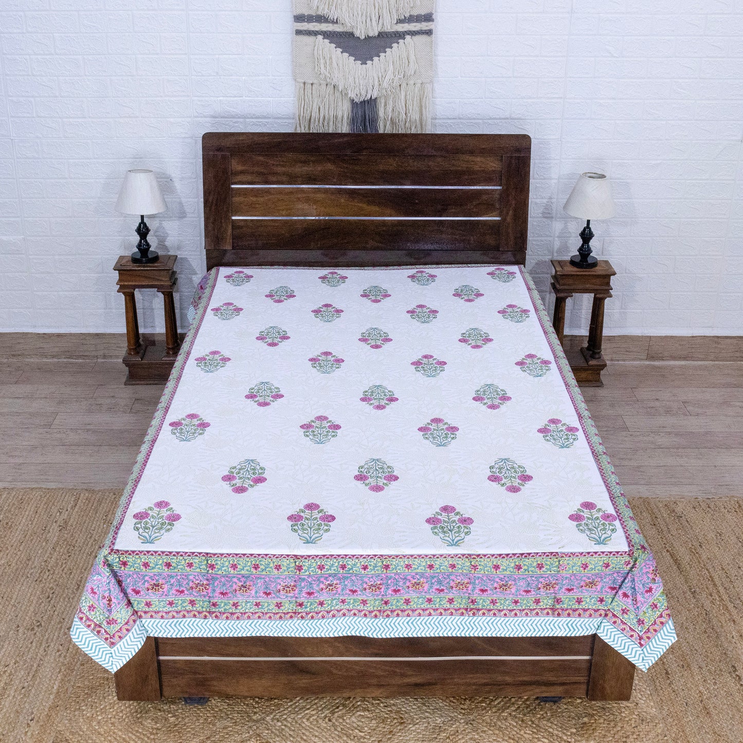 Indian Handmade Block Printed White and Pink Floral Pattern Cotton Bed sheet For living Room, Kids Room - My Store