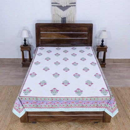 Indian Handmade Block Printed White and Pink Floral Pattern Cotton Bed sheet For living Room, Kids Room - My Store