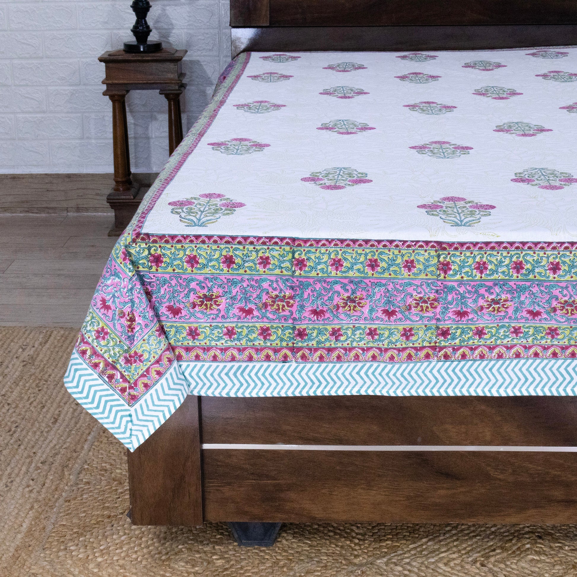 Indian Handmade Block Printed White and Pink Floral Pattern Cotton Bed sheet For living Room, Kids Room - My Store