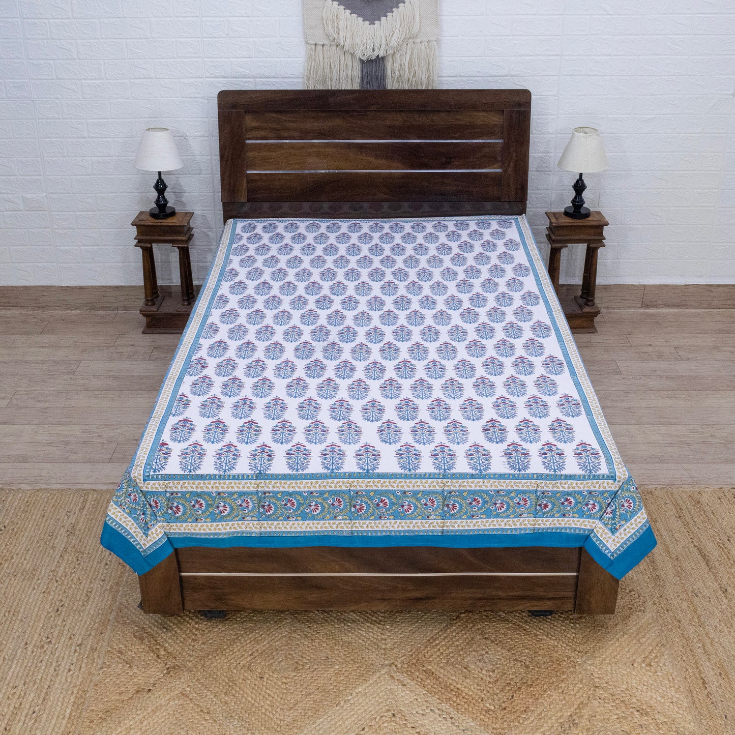 Indian Handmade Block Printed Blue and White Floral Pattern Cotton Bed sheet For living Room, Kids Room - My Store