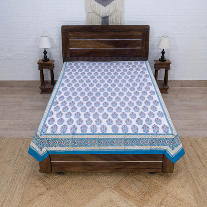 Indian Handmade Block Printed Blue and White Floral Pattern Cotton Bed sheet For living Room, Kids Room - My Store